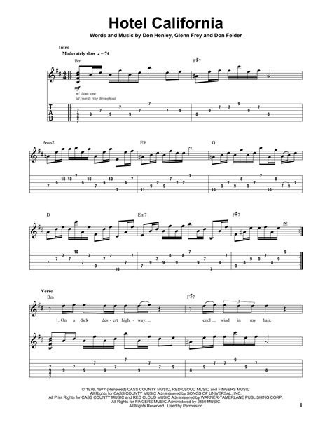 Hotel California Live tab by Eagles with chords drawings, easy version, 12 key variations and much more.